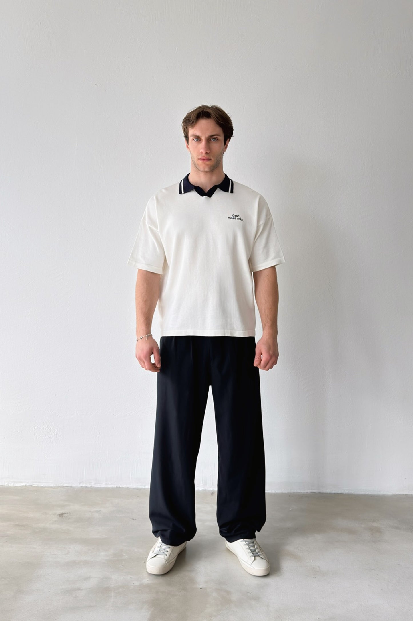 Double Pleated Fabric Trousers, Navy Blue