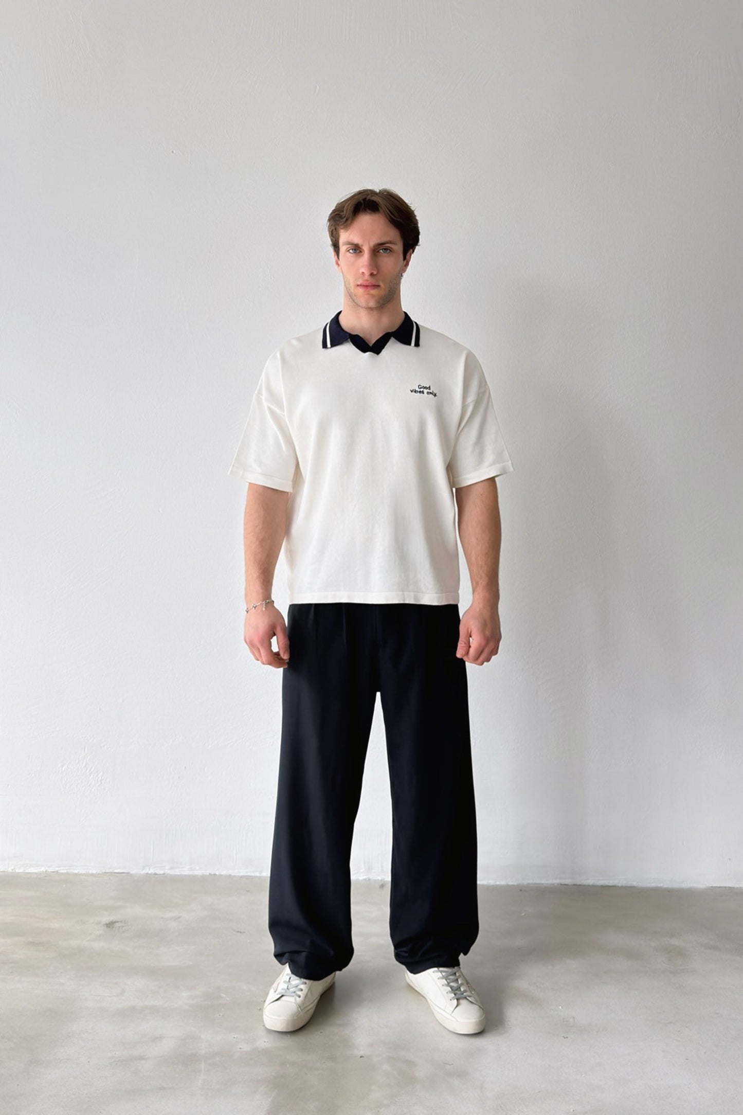Double Pleated Fabric Trousers, Navy Blue
