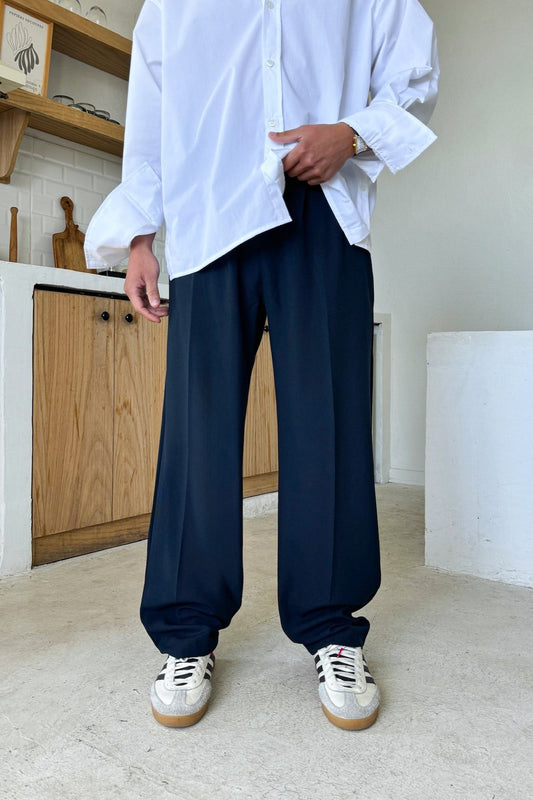 Double Pleated Fabric Trousers, Navy Blue