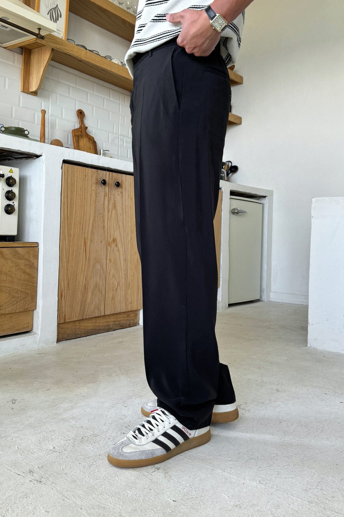 Double Pleated Fabric Trousers Black