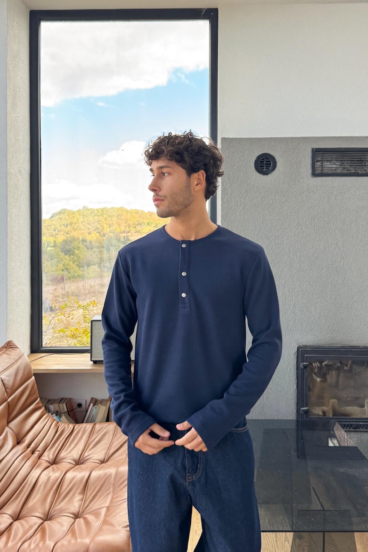 Snap Button Oversize Long Sleeve T-Shirt Navy Blue