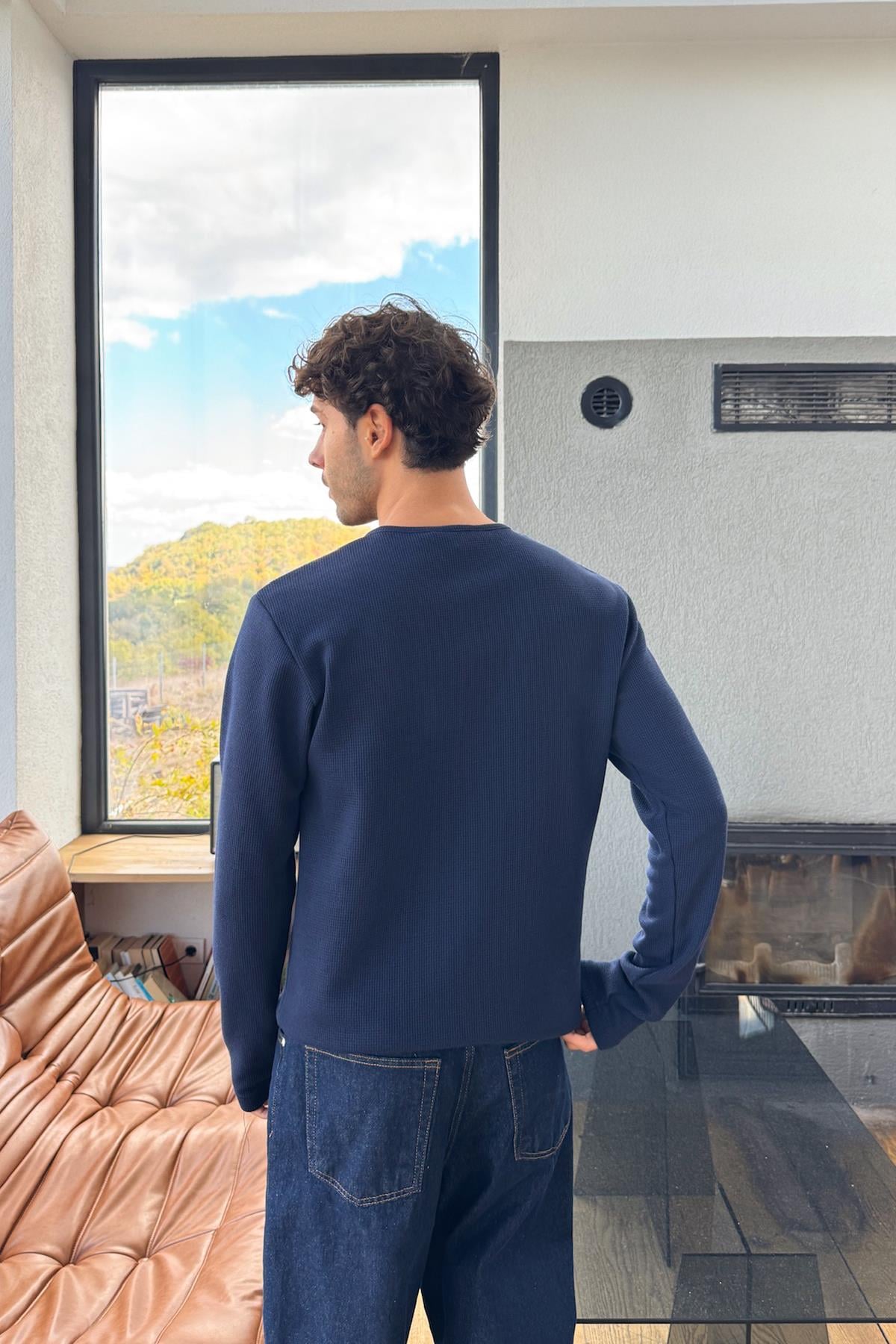 Snap Button Oversize Long Sleeve T-Shirt Navy Blue
