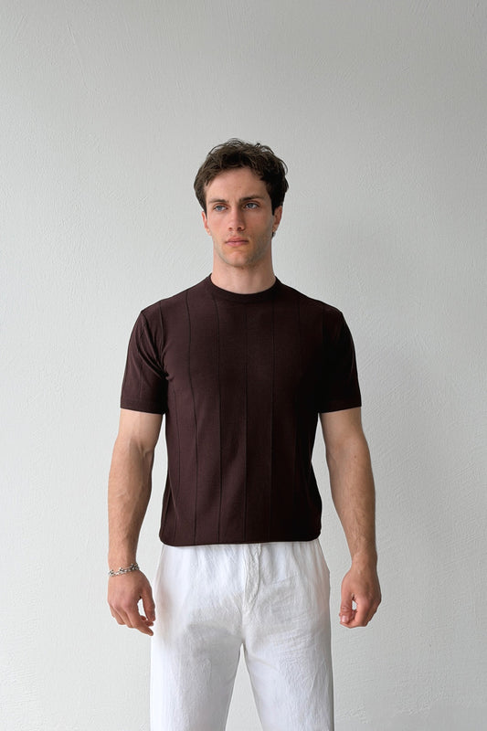Striped Pattern Coffee Knit T-shirt