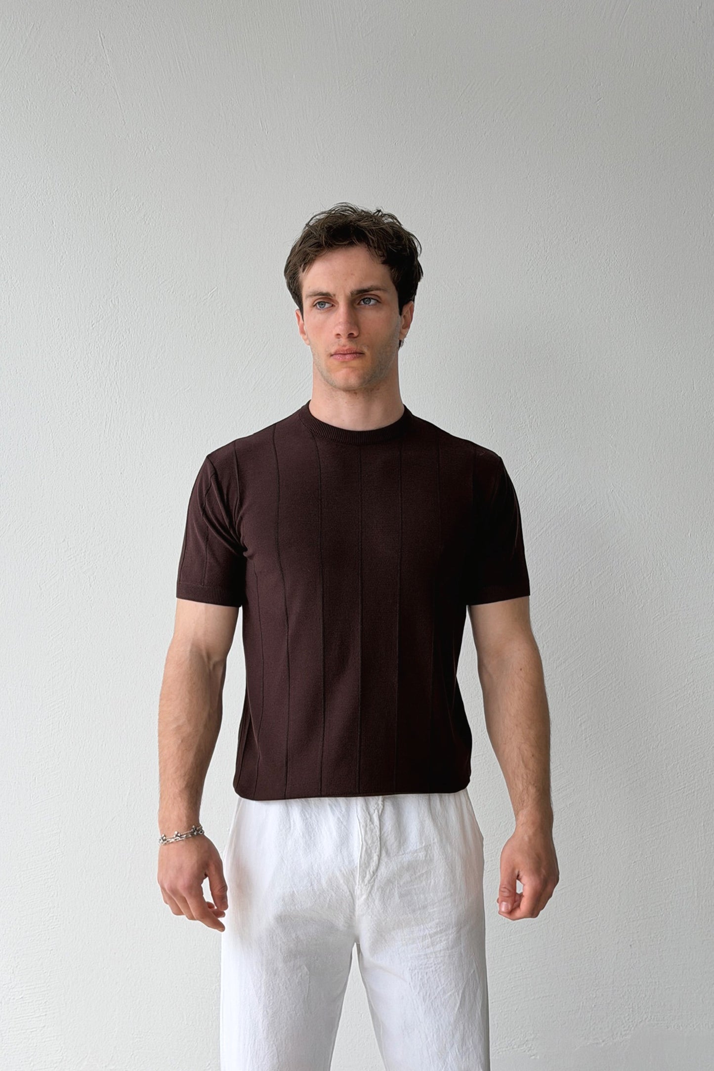Striped Pattern Coffee Knit T-shirt
