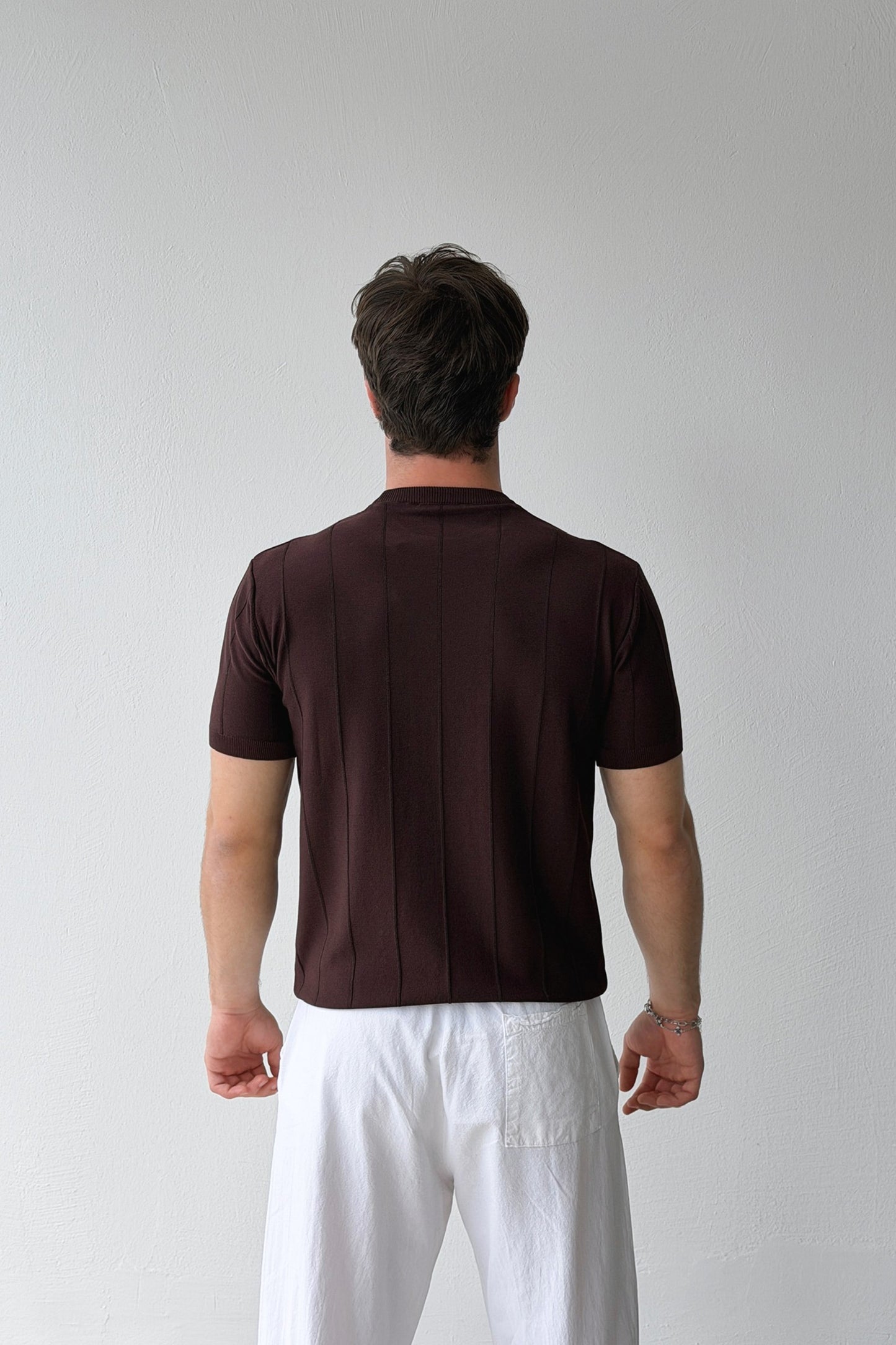 Striped Pattern Coffee Knit T-shirt