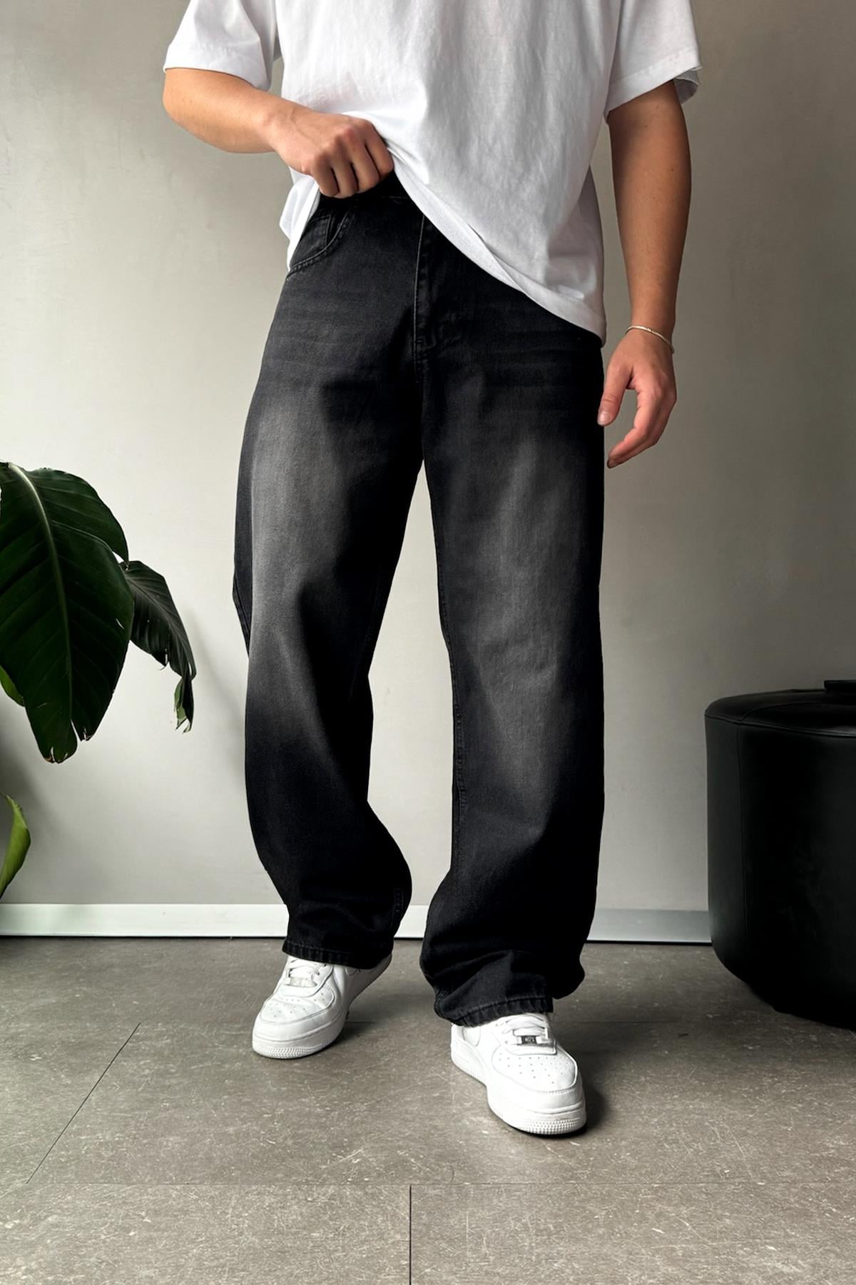 Striped Detail Baggy Jeans Black