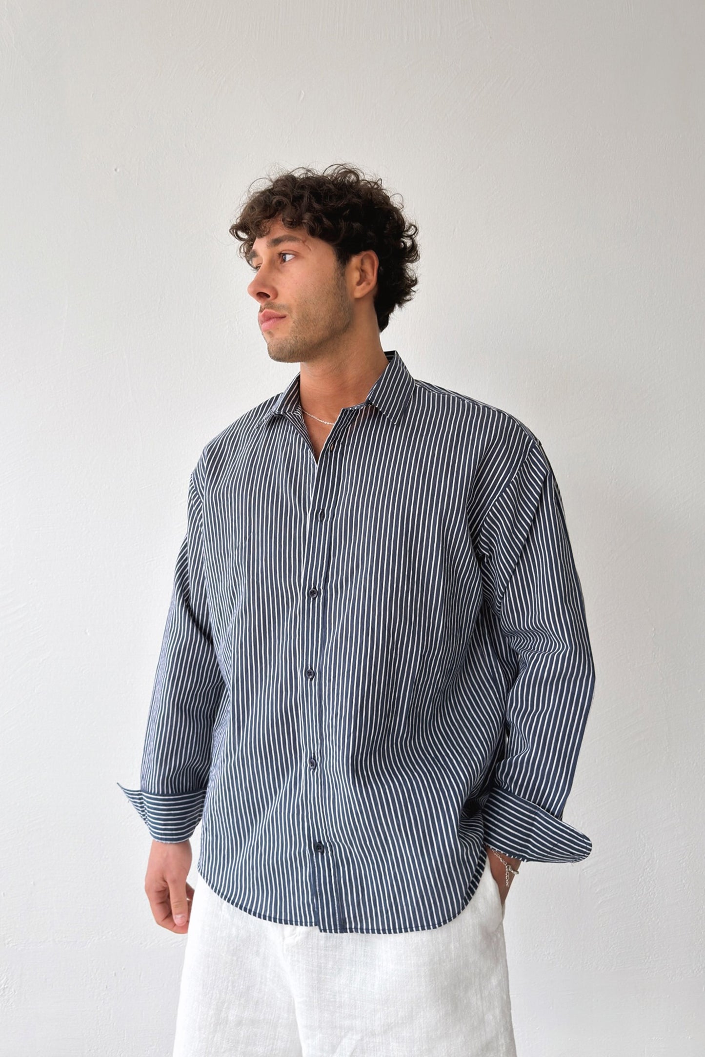 Striped Navy Linen Oversize Shirt