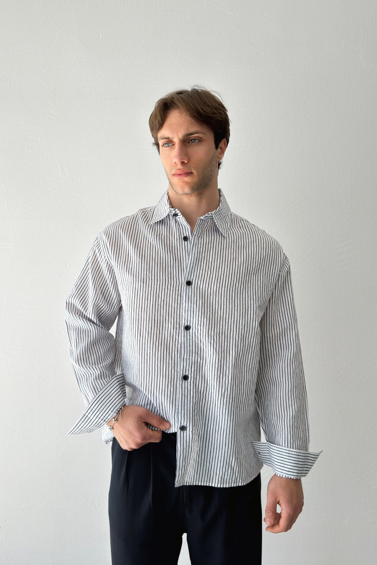 Striped Oversize Navy-Ecru Linen Shirt
