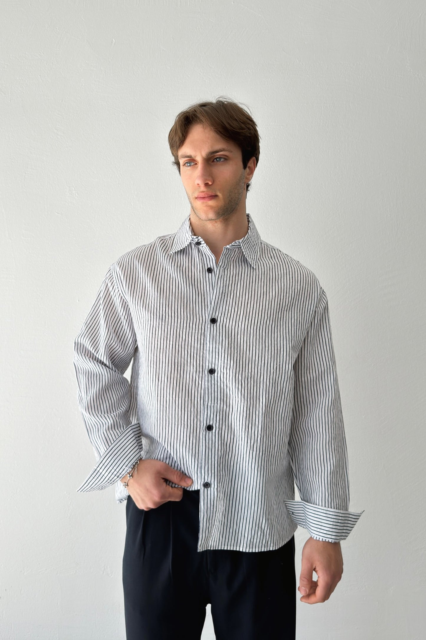 Striped Oversize Navy-Ecru Linen Shirt