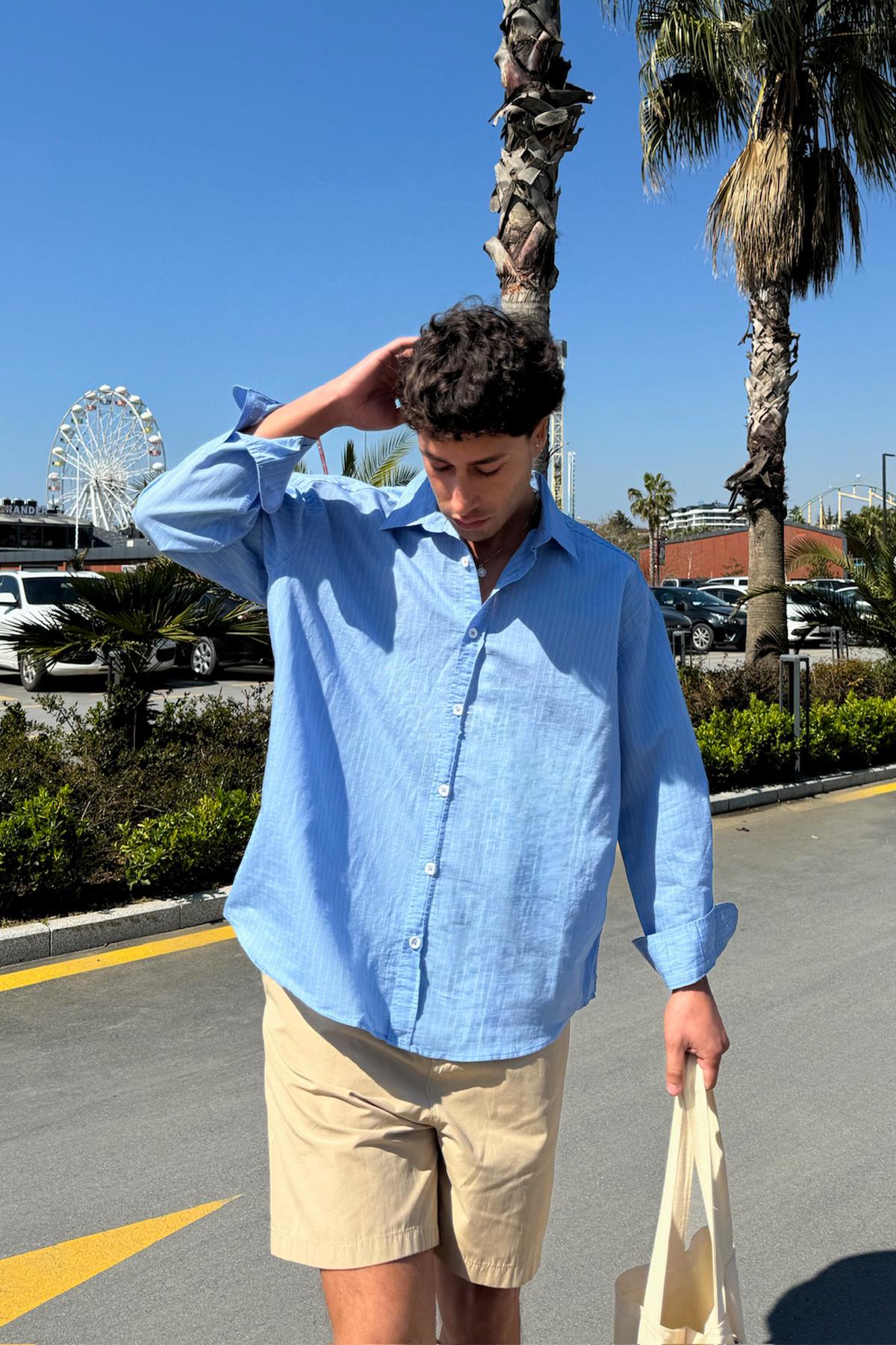 Striped Oversize Shirt Blue
