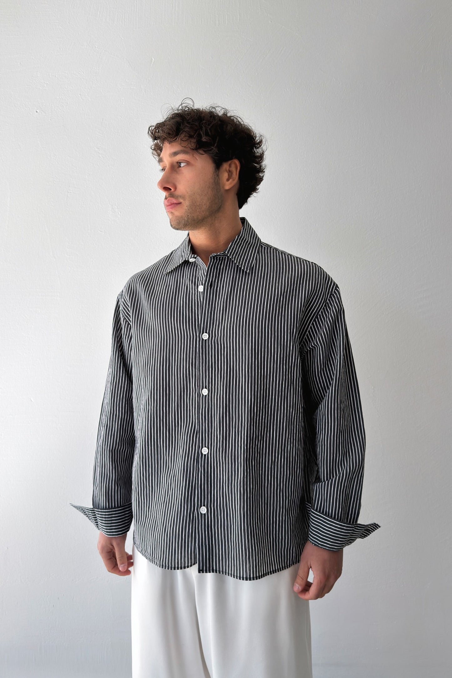 Striped Oversize Black Linen Shirt