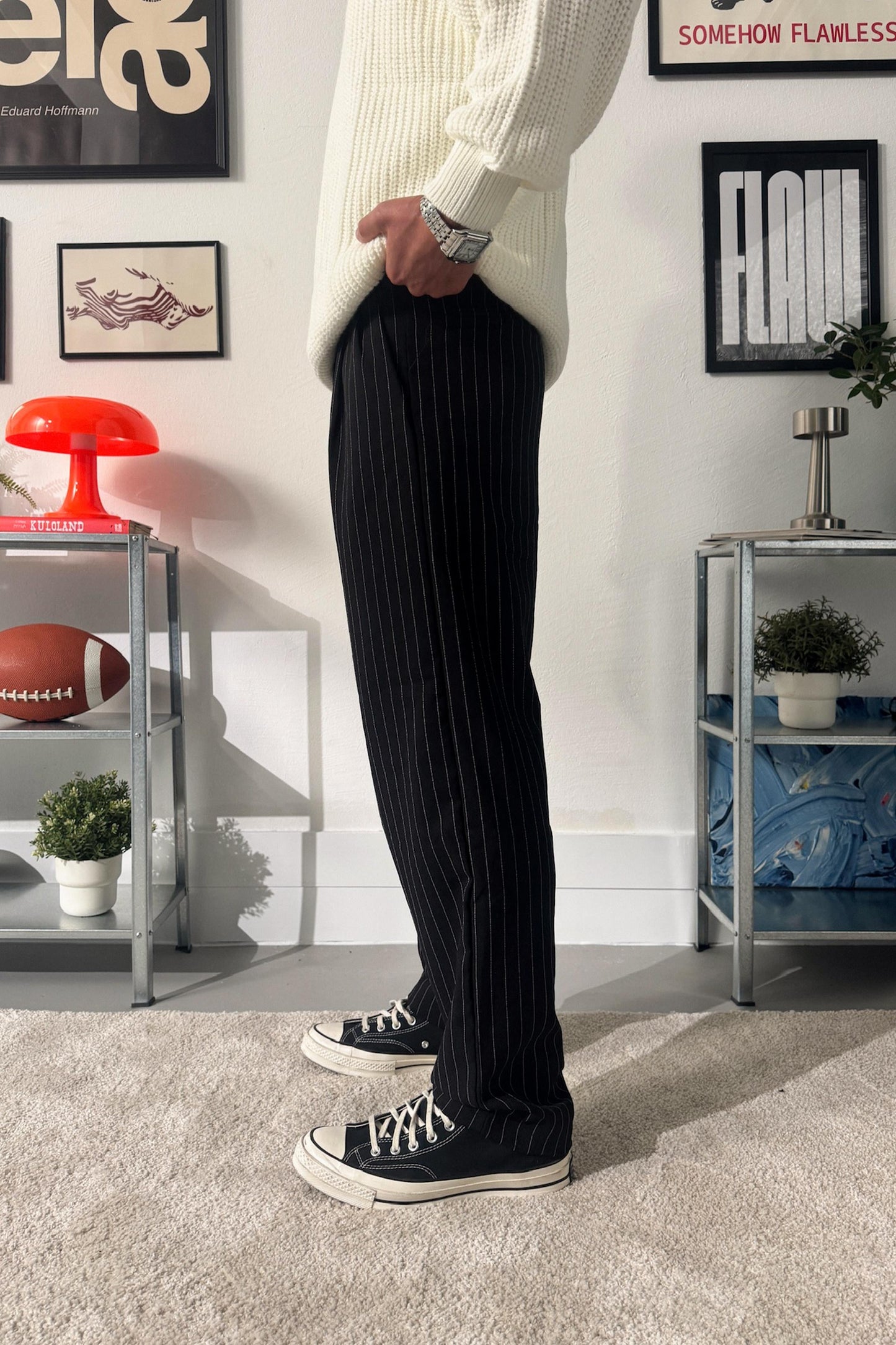 Striped Pleated Fabric Trousers