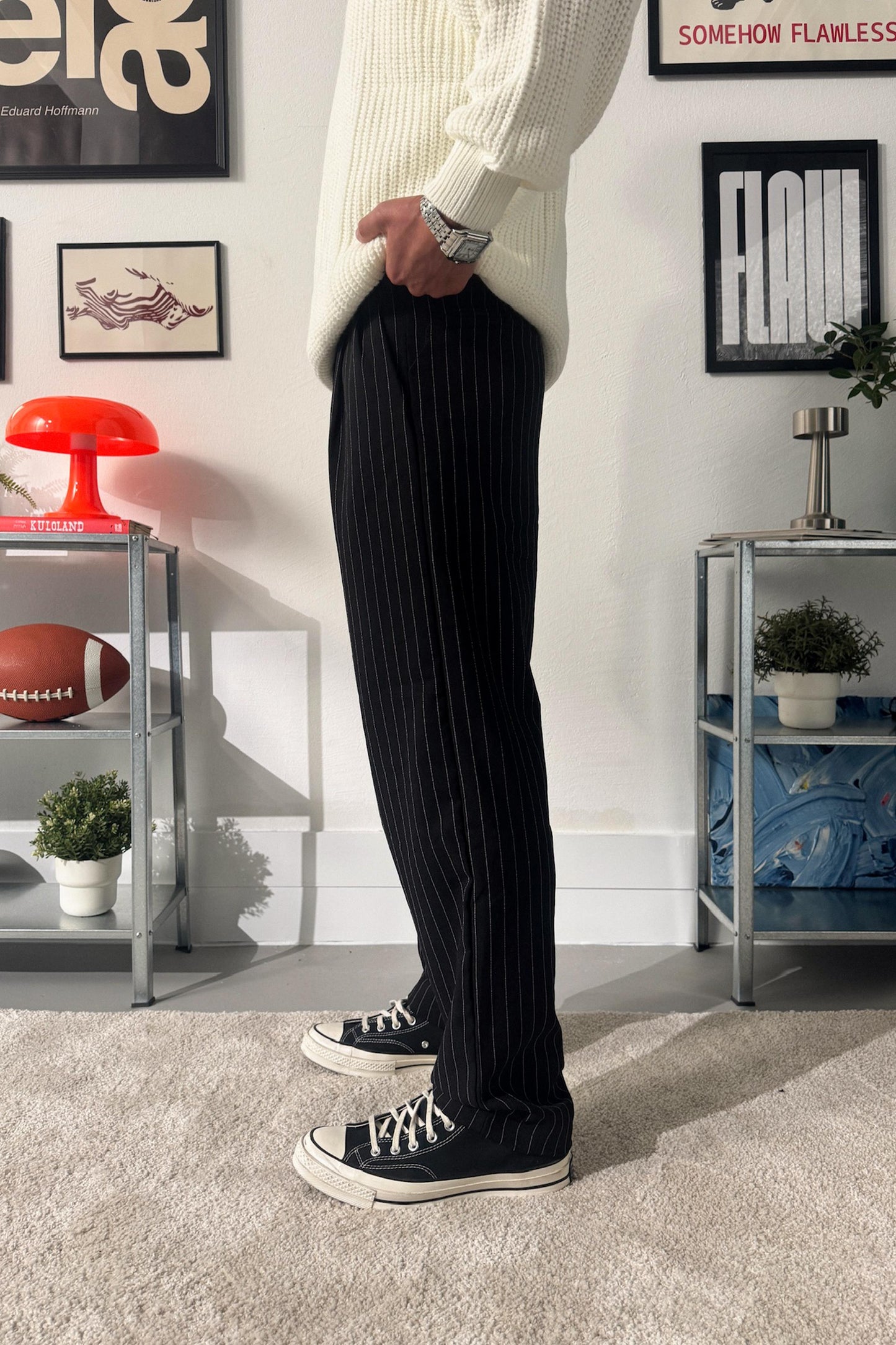 Striped Pleated Fabric Trousers