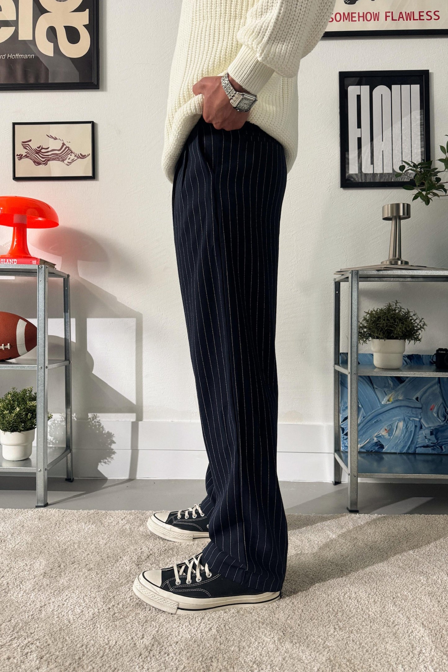 Striped Pleated Fabric Trousers