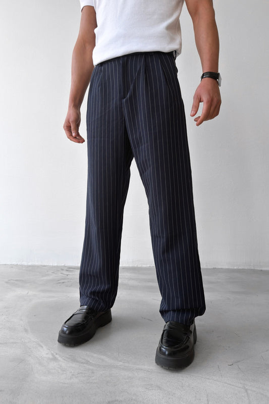 Striped Vintage Fabric Trousers Navy Blue