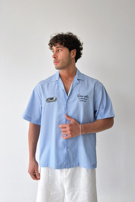 Dive Into Embroidered Striped Poplin Short Sleeve Shirt