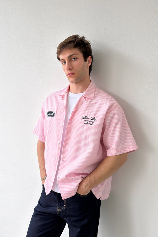 Dive Into Embroidered Striped Poplin Short Sleeve Shirt