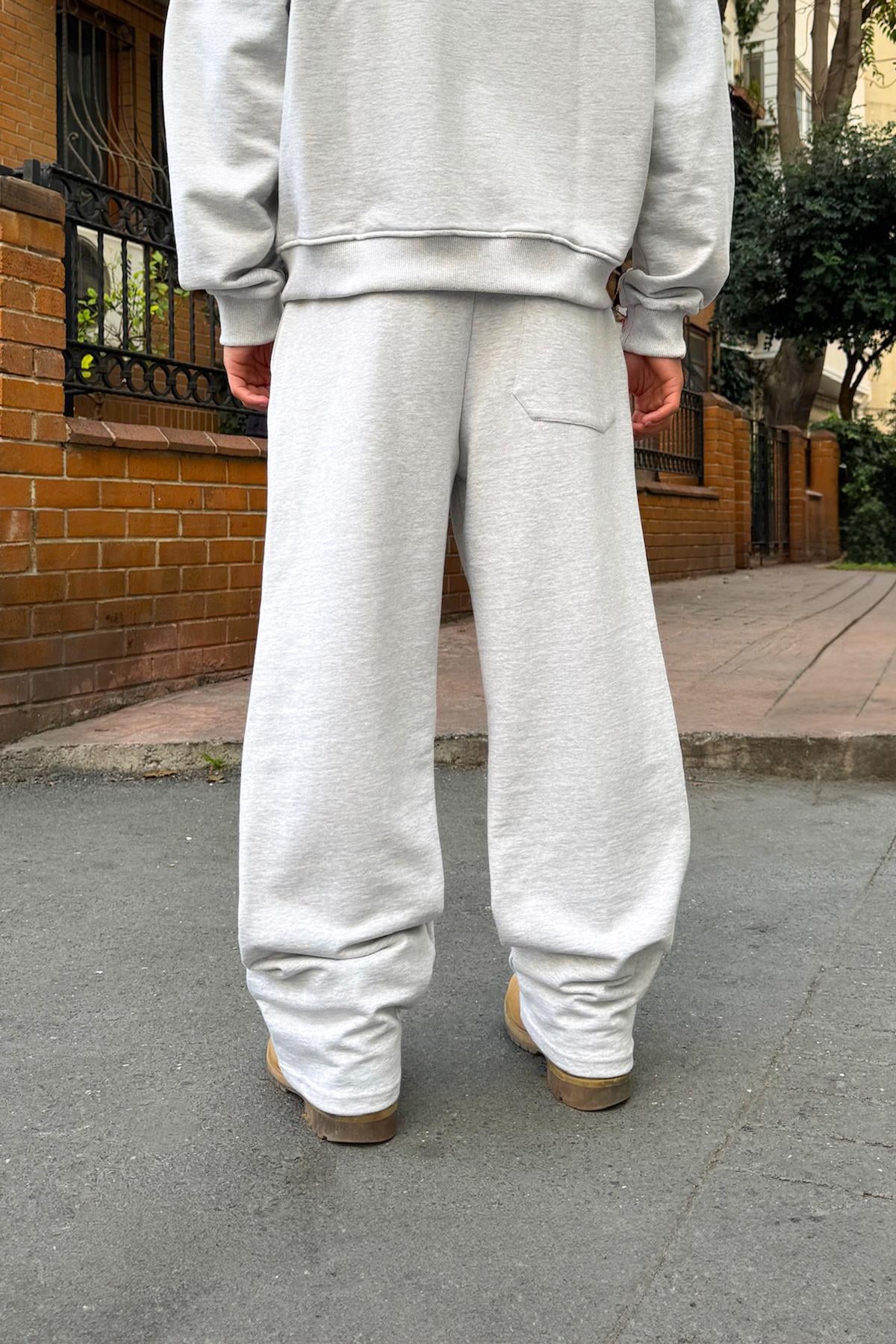 Diagonal Premium Fabric Sweatpants with Elastic Waistband, Snow Melange
