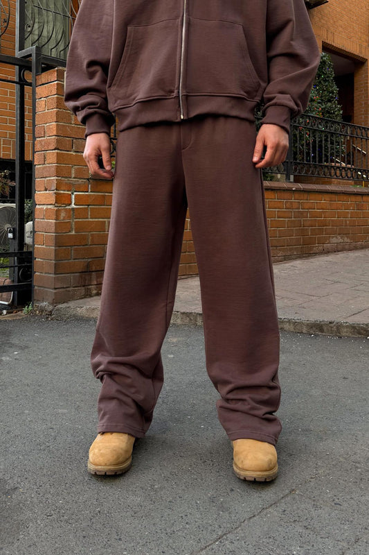 Diagonal Premium Fabric Sweatpants with Elastic Waistband, Brown
