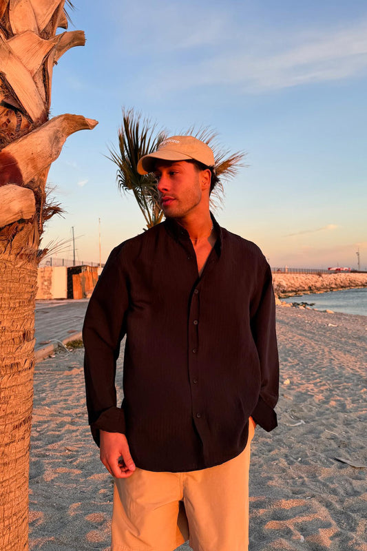 Draped Striped Long Sleeve Oversize Shirt Black