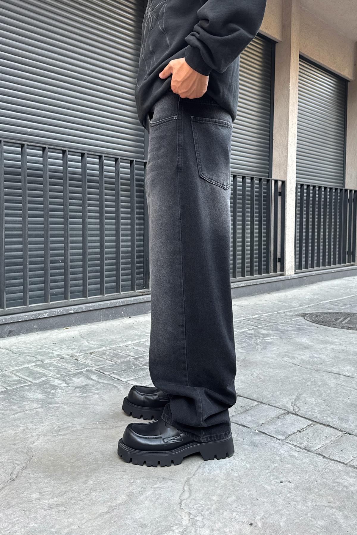 Distressed Detail Striped Baggy Jeans Black