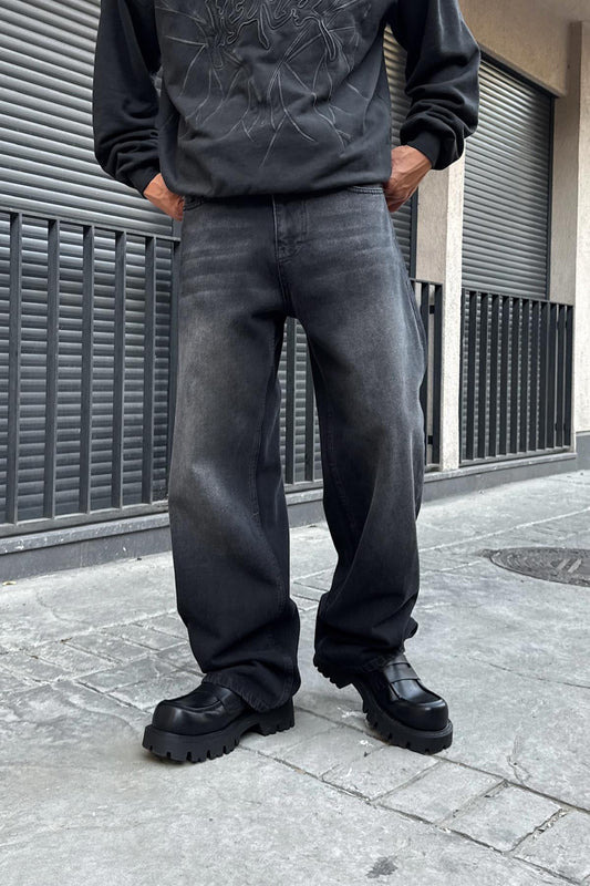Distressed Detail Striped Baggy Jeans Black