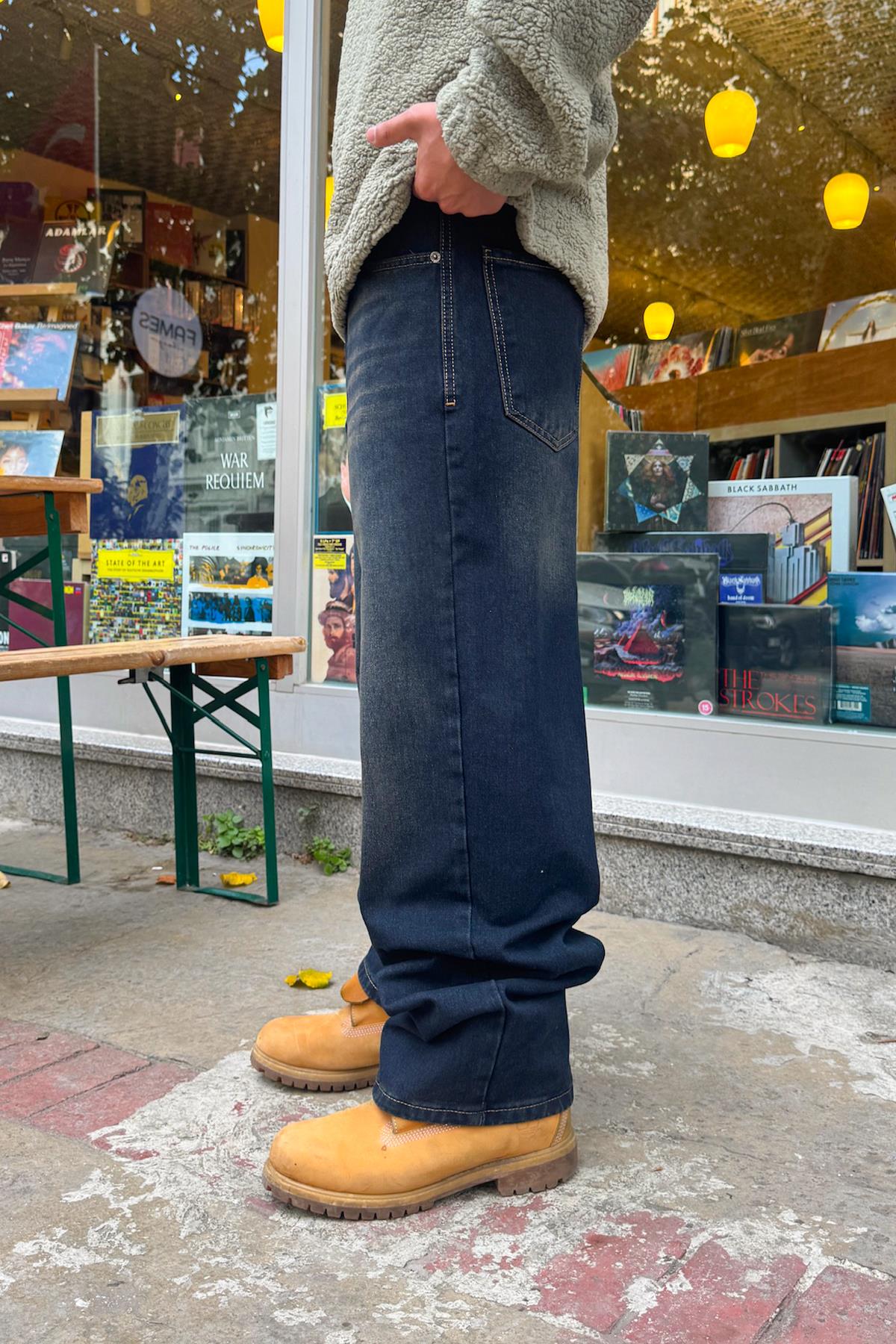 Distressed Style Striped Baggy Jeans Dark Navy