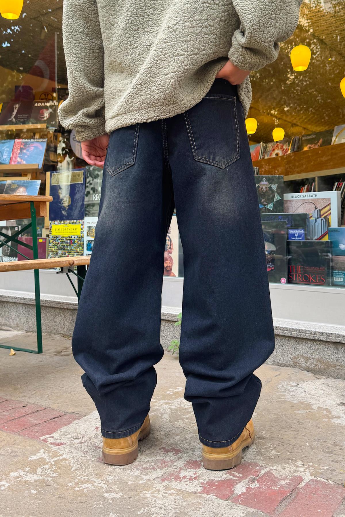 Distressed Style Striped Baggy Jeans Dark Navy