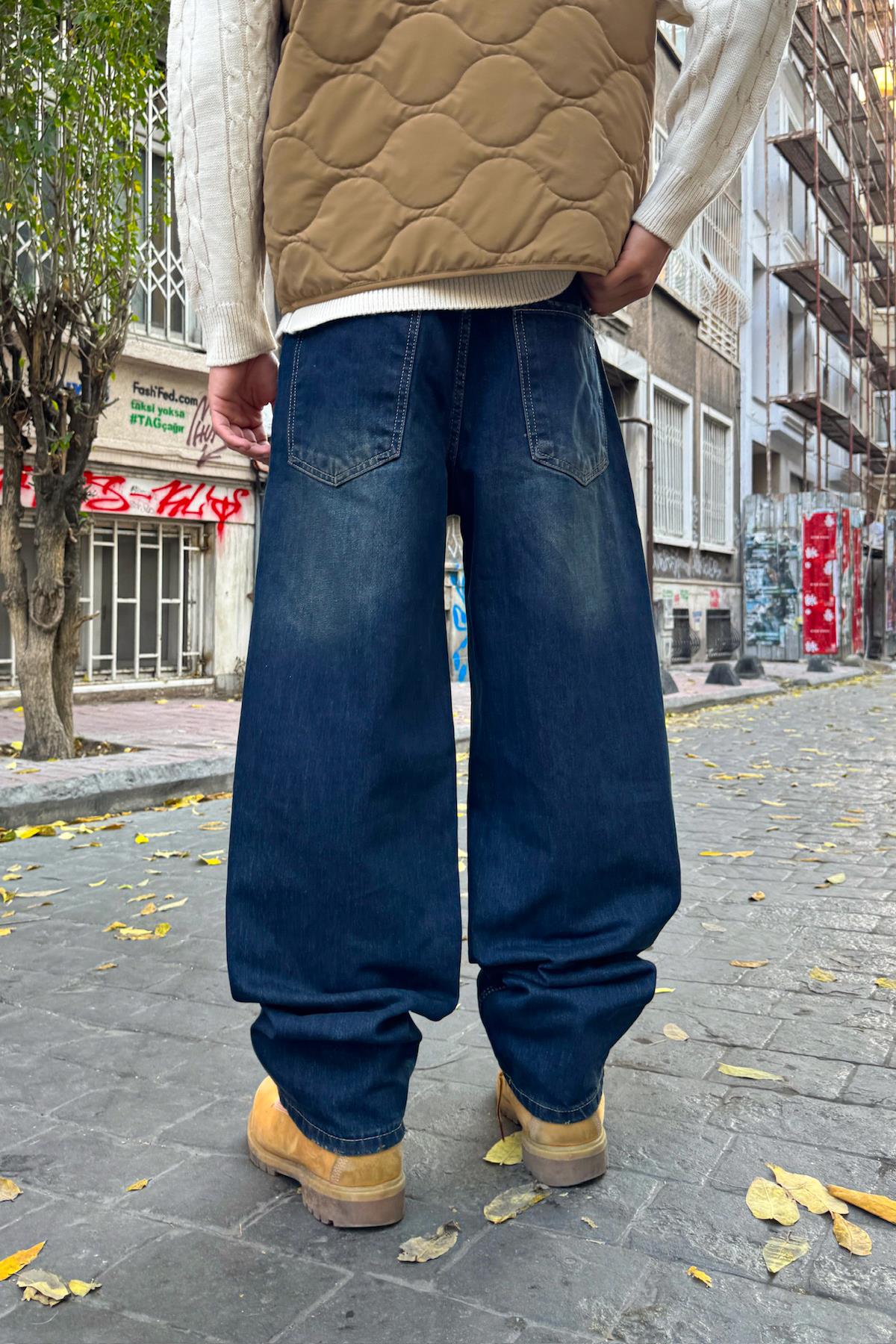 Distressed Style Striped Baggy Jeans Navy Blue