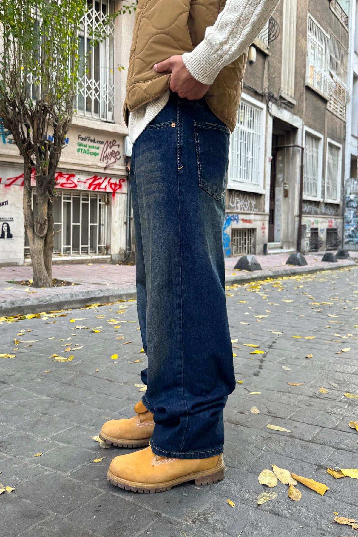 Distressed Style Striped Baggy Jeans Navy Blue