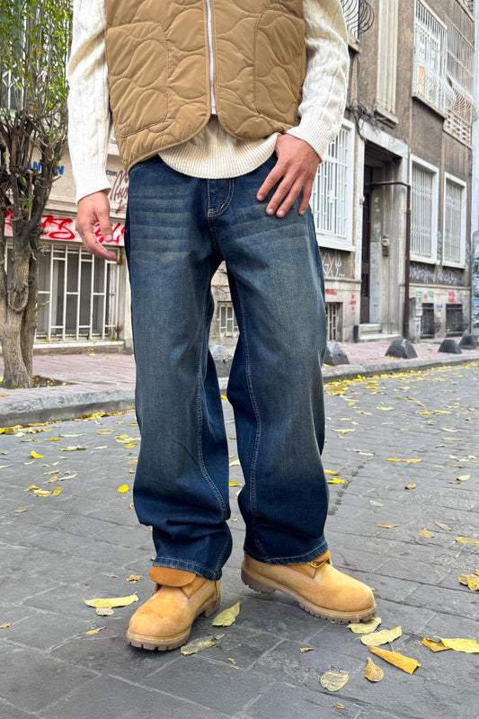 Distressed Style Striped Baggy Jeans Navy Blue