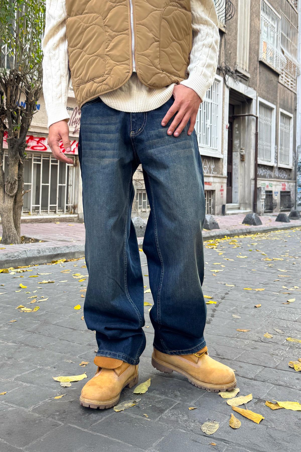 Distressed Style Striped Baggy Jeans Navy Blue