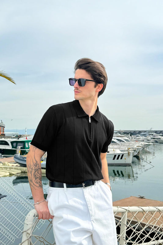 Black Knit T-shirt with Zipper and Striped Stitching