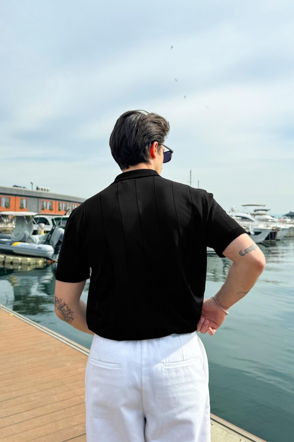 Black Knit T-shirt with Zipper and Striped Stitching