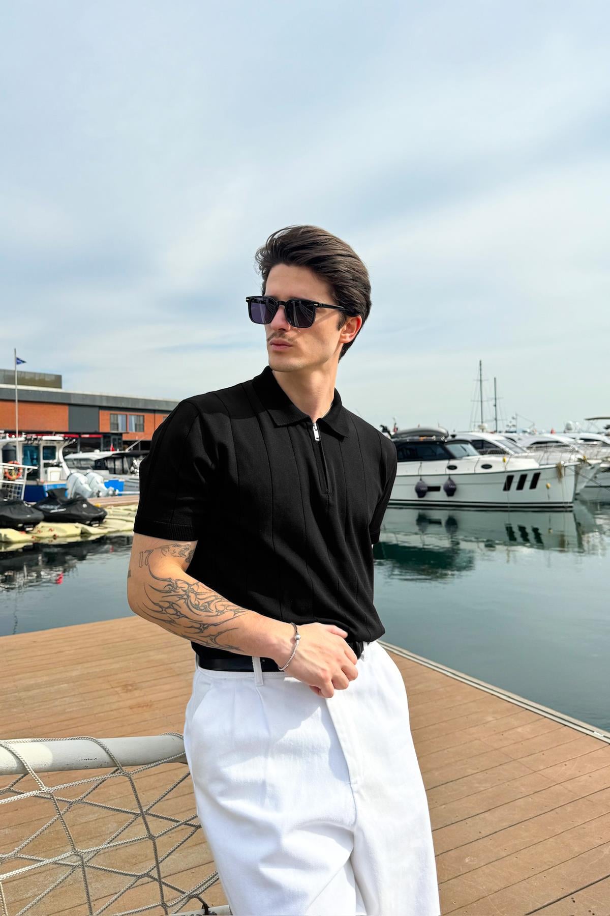 Black Knit T-shirt with Zipper and Striped Stitching