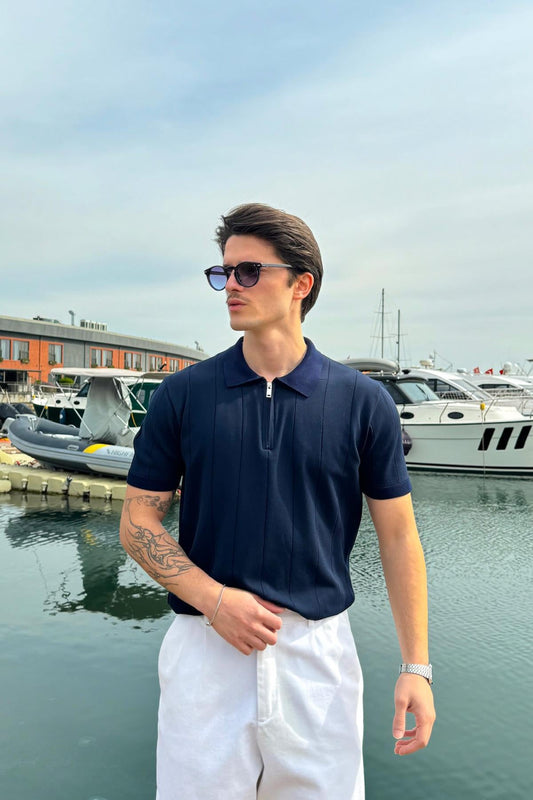Navy Blue Knit T-shirt with Zip-Up Stitching