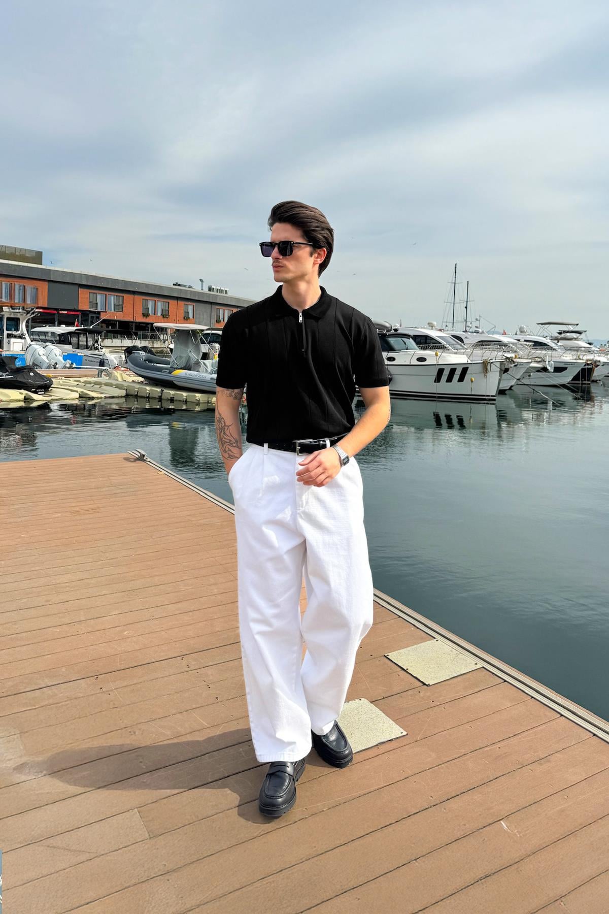Black Knit T-shirt with Zipper and Striped Stitching