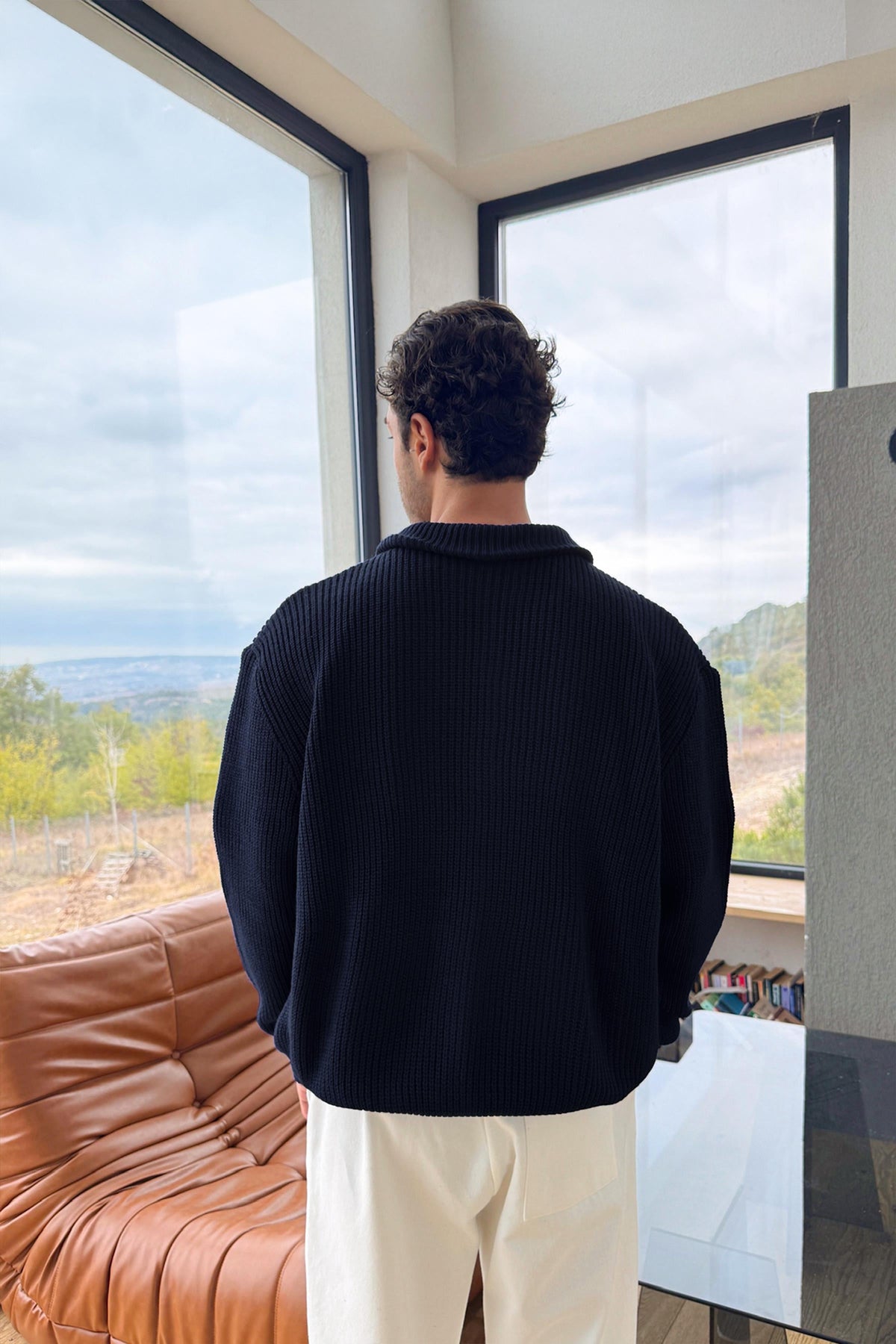 Navy Blue Zip-Up Knitted Cardigan