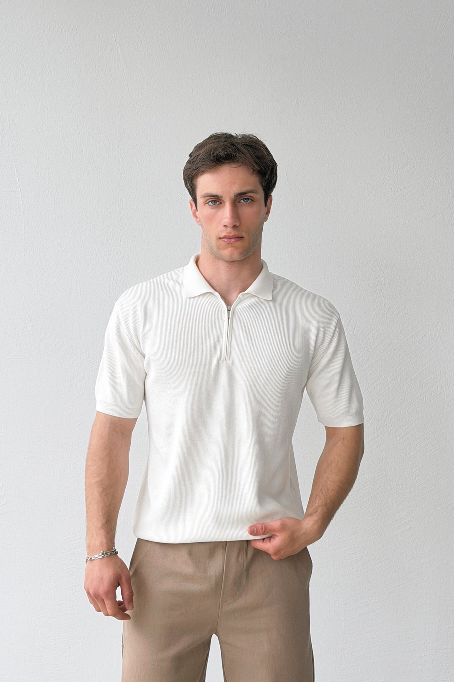 Ribbed Polo Collar Knit T-shirt
