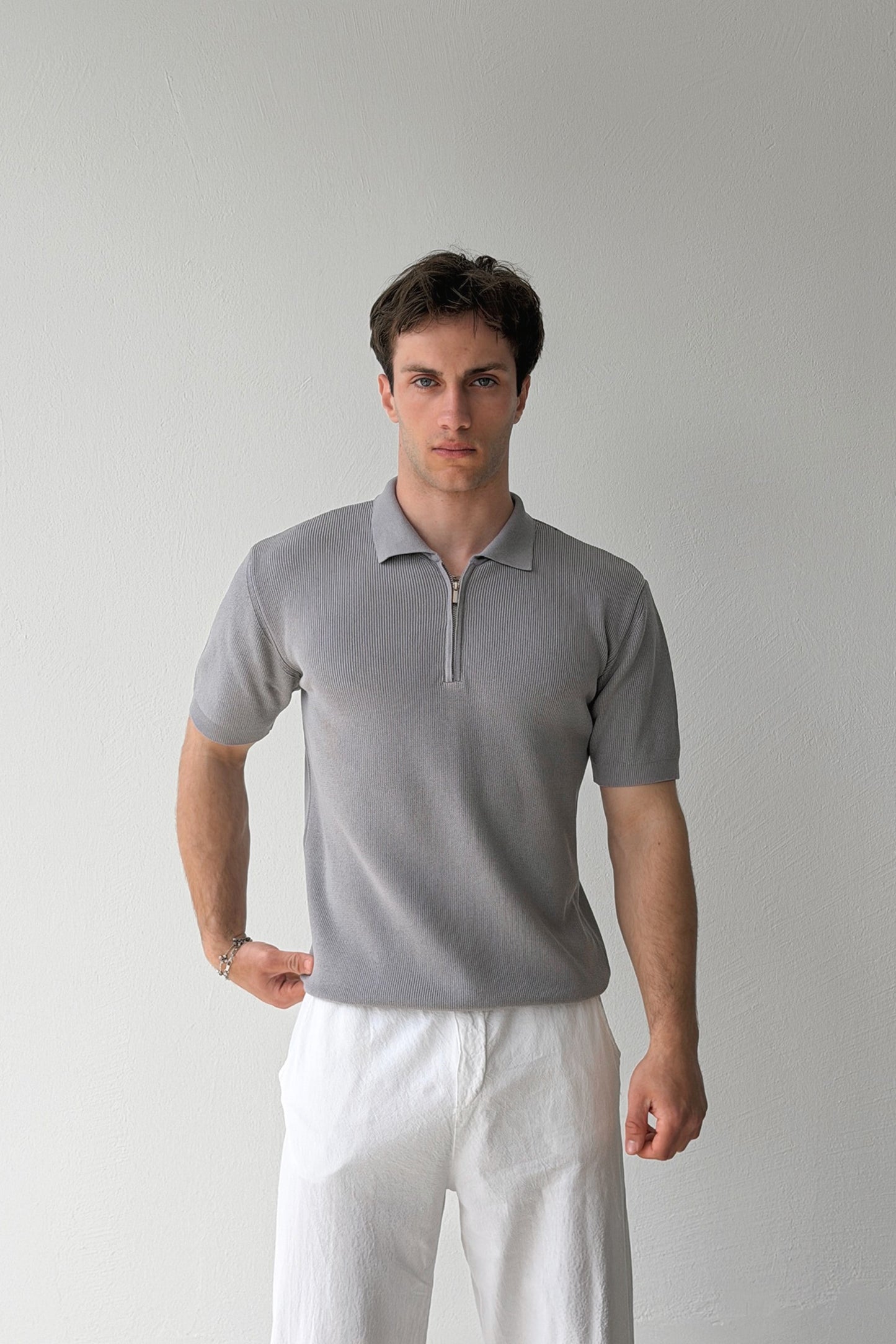 Ribbed Polo Collar Knit T-shirt