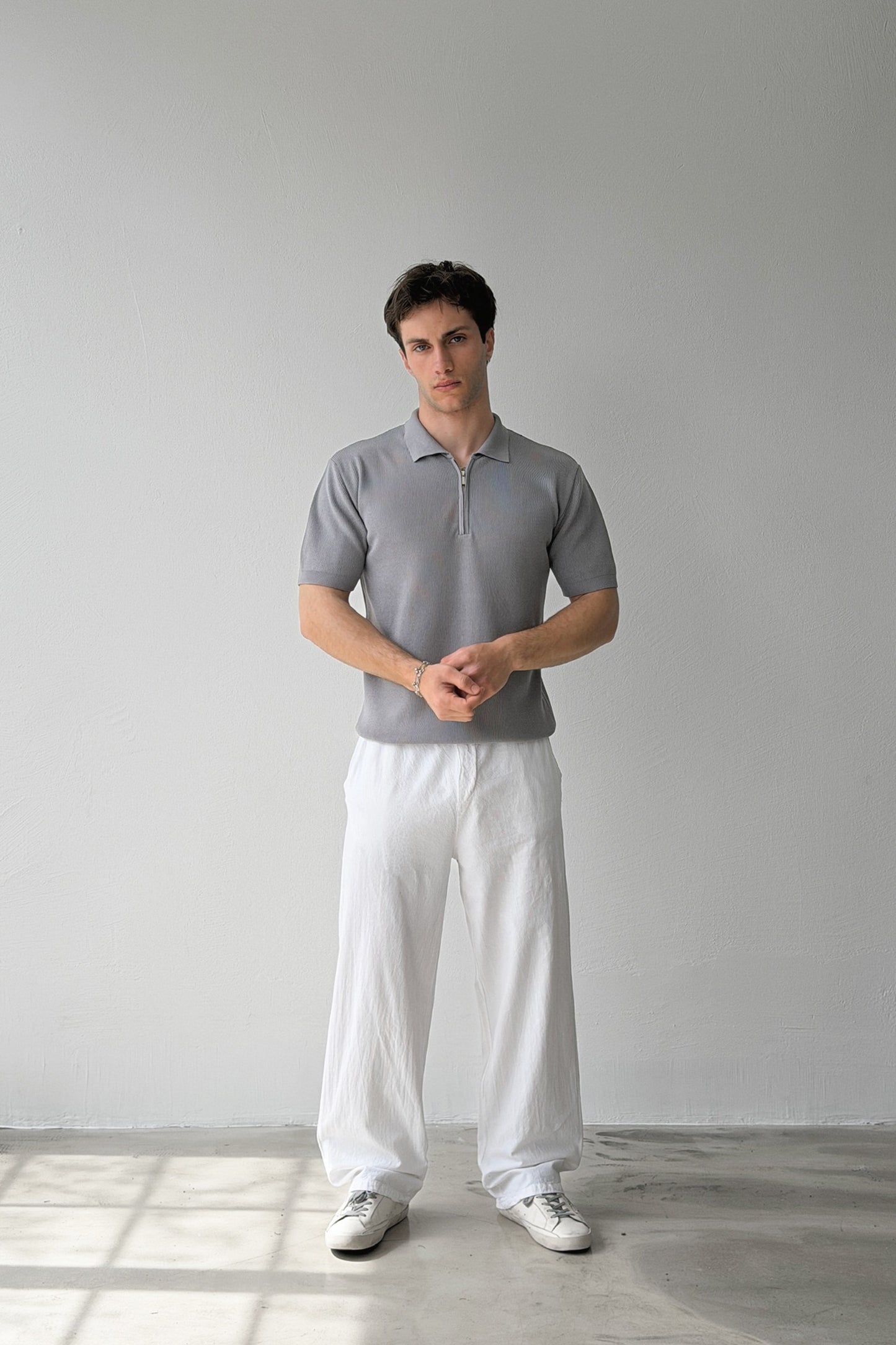 Ribbed Polo Collar Knit T-shirt