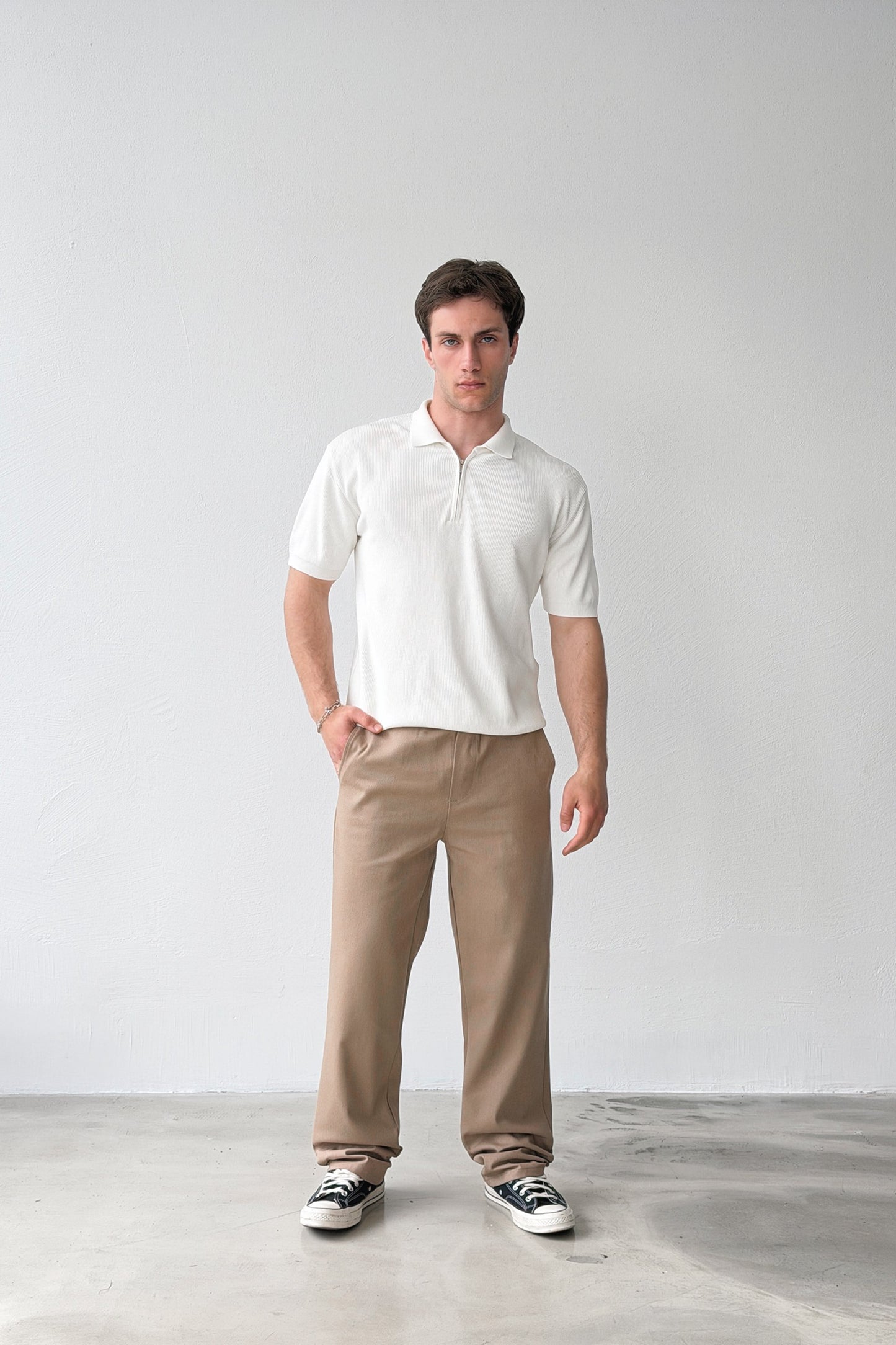 Ribbed Polo Collar Knit T-shirt