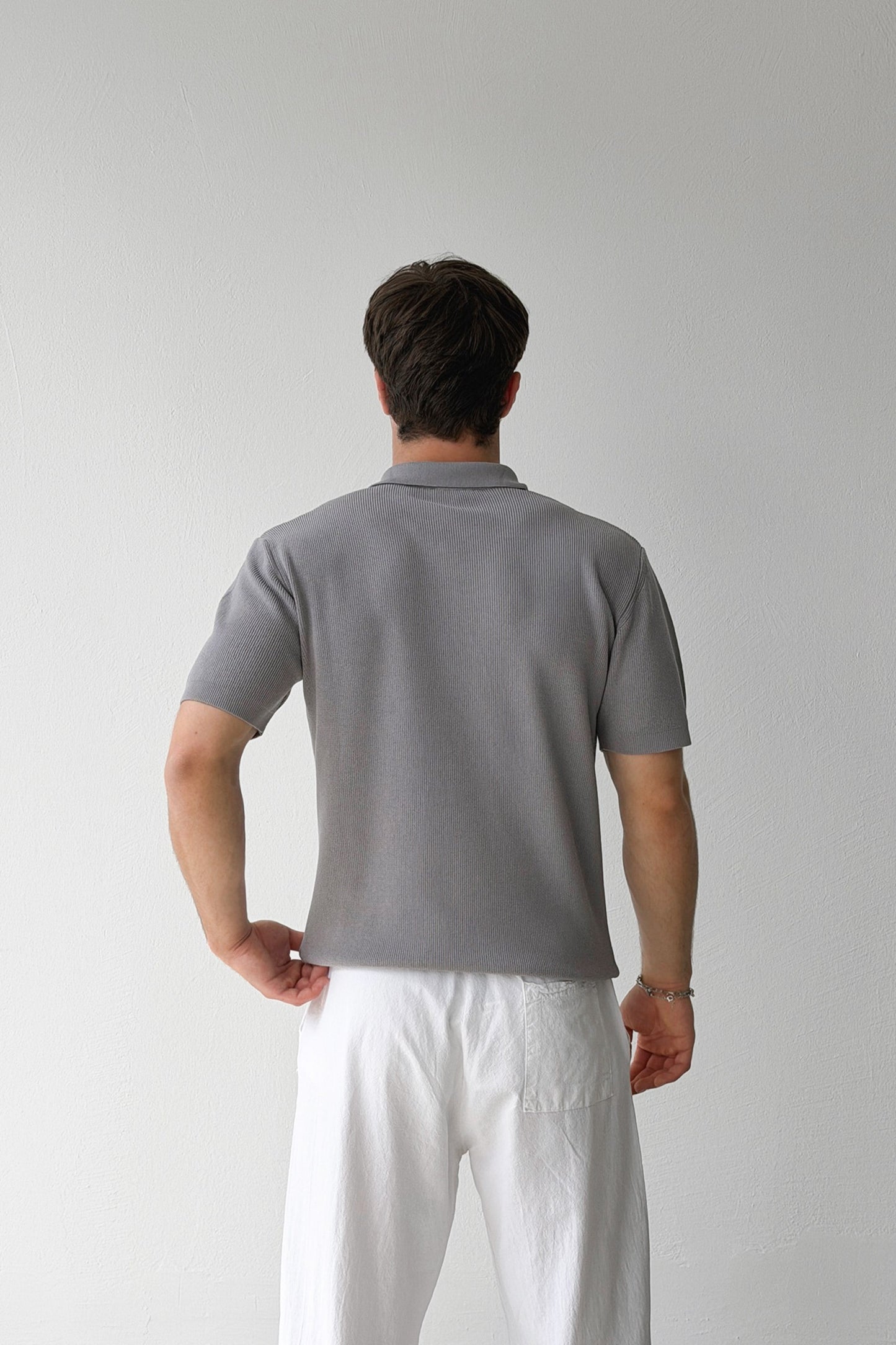 Ribbed Polo Collar Knit T-shirt
