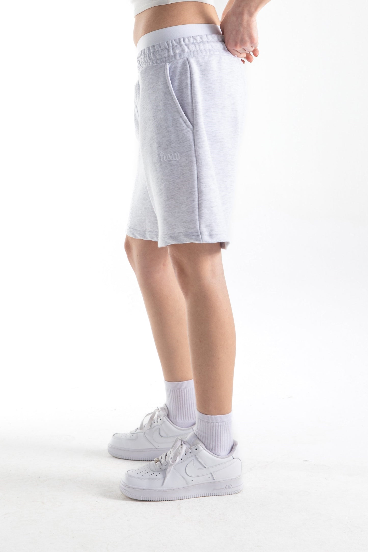 Flaw Embroidered Elastic Waist Shorts Grey Melange