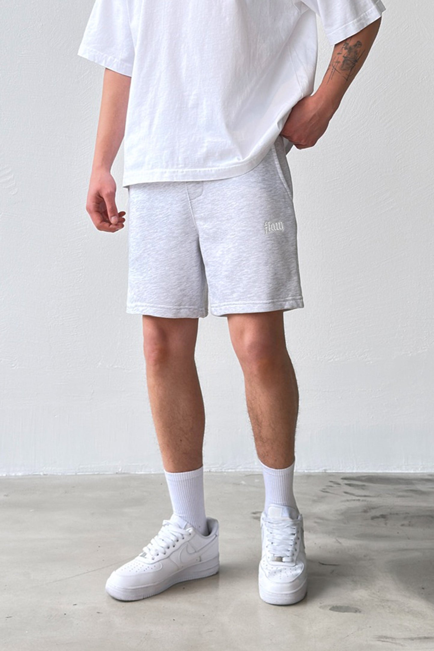 Flaw Embroidered Elastic Waist Shorts Grey Melange