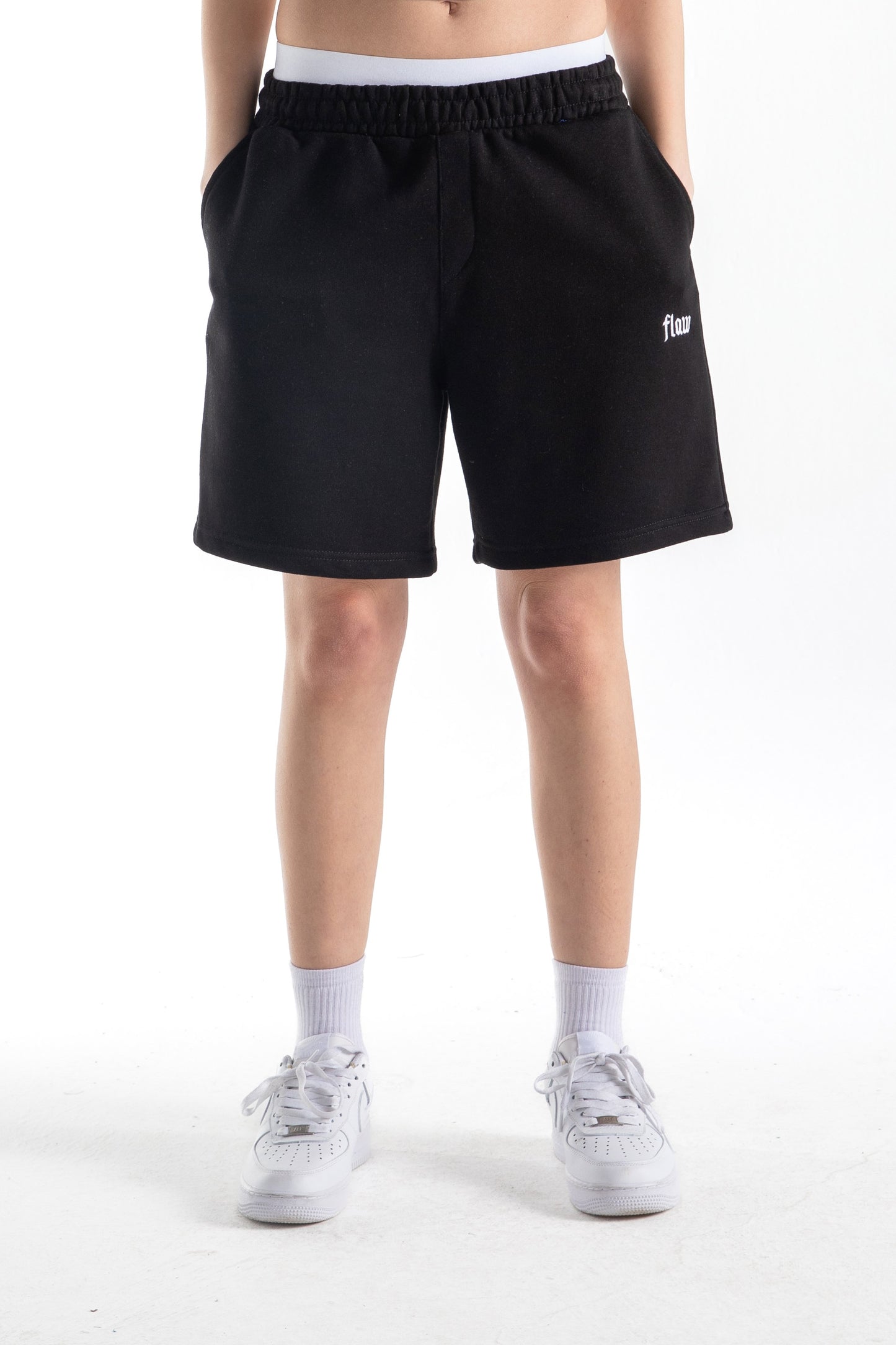 Flaw Embroidered Elastic Waist Shorts Black
