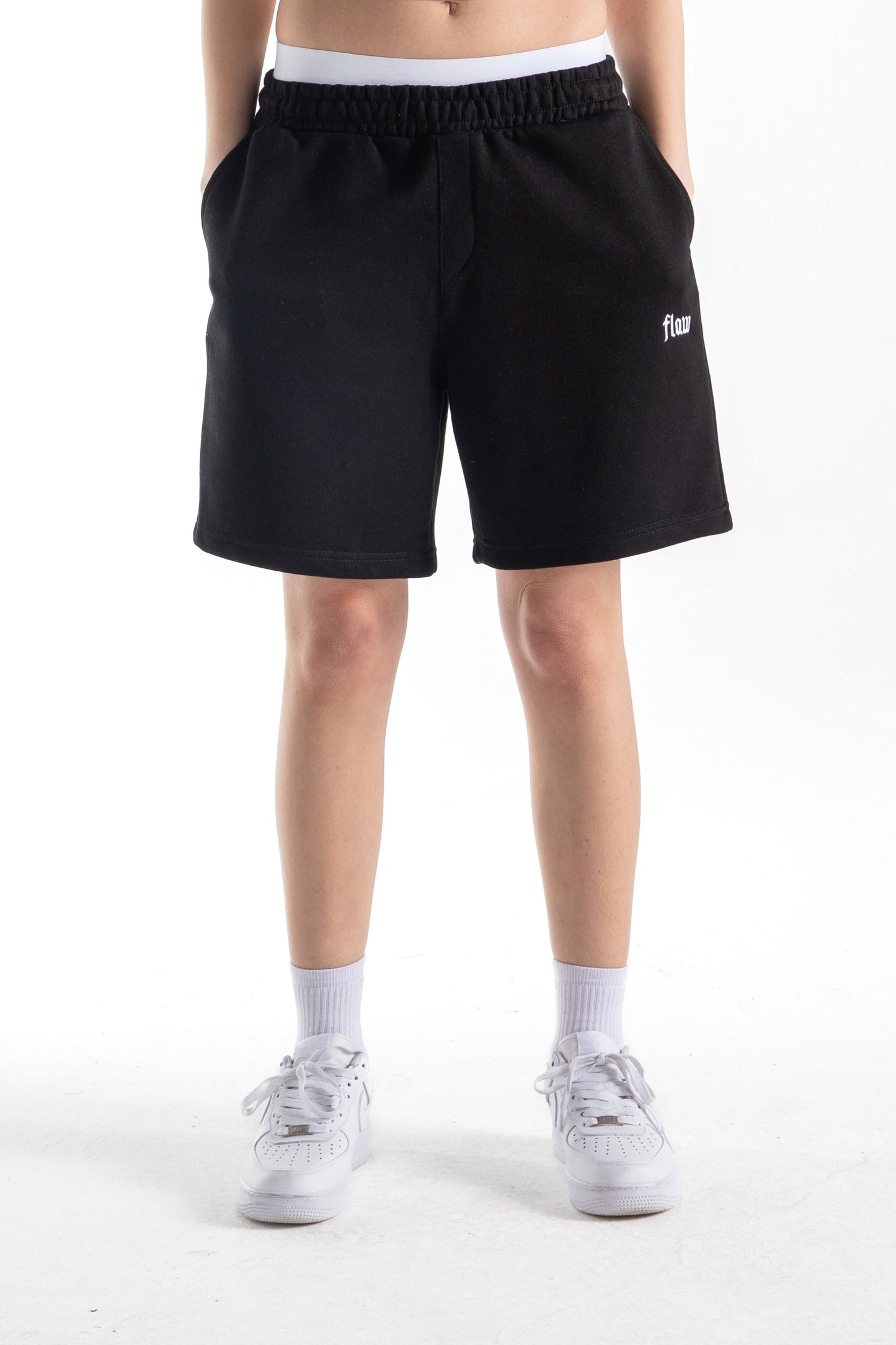 Flaw Embroidered Elastic Waist Shorts Black