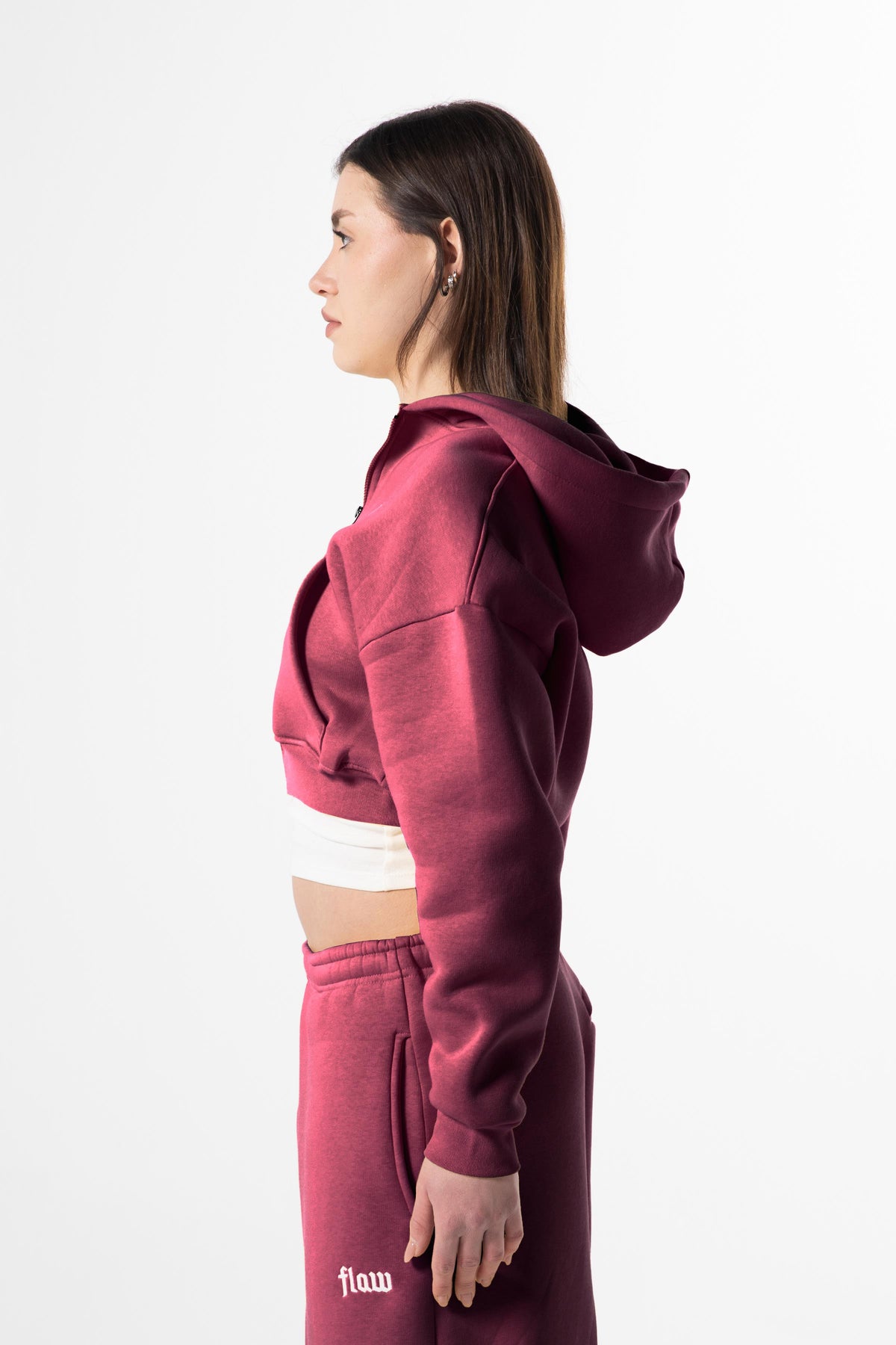 Flaw Embroidered Burgundy Zip Crop