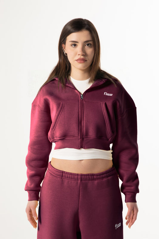 Flaw Embroidered Burgundy Zip Crop