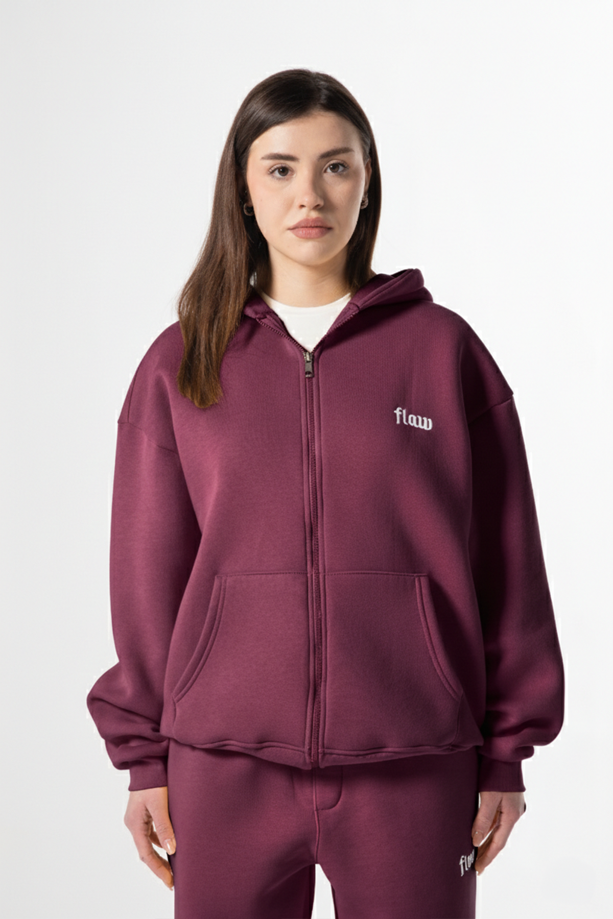 Flaw Embroidered Burgundy Zip Hoodie